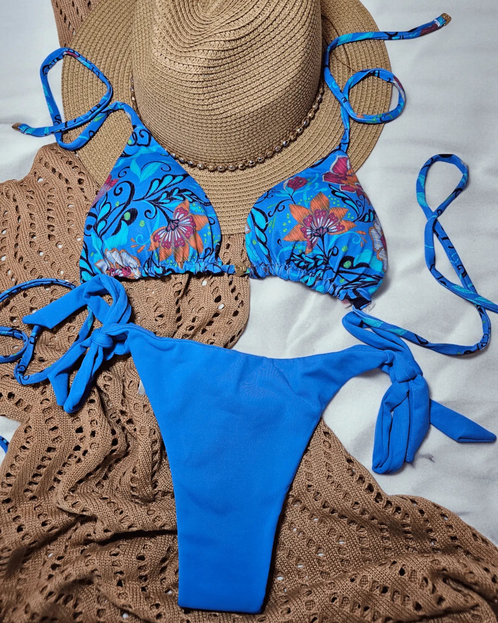 Blue Floral Adjustable Tie Bikini with UV 50+ Protection - Beeluxxe