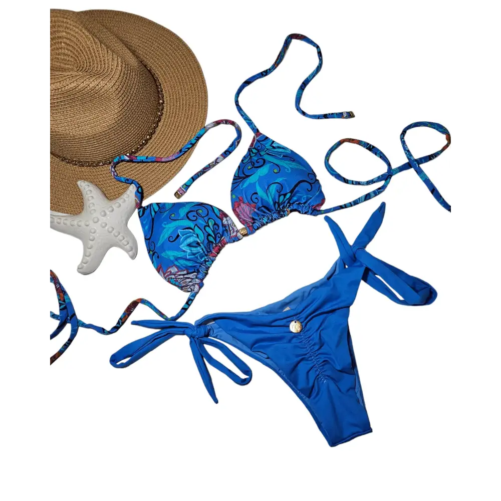 Blue Floral Adjustable Tie Bikini with UV 50+ Protection - Beeluxxe