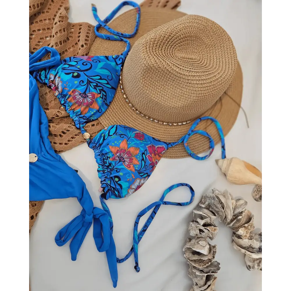 Blue Floral Adjustable Tie Bikini with UV 50+ Protection - Beeluxxe