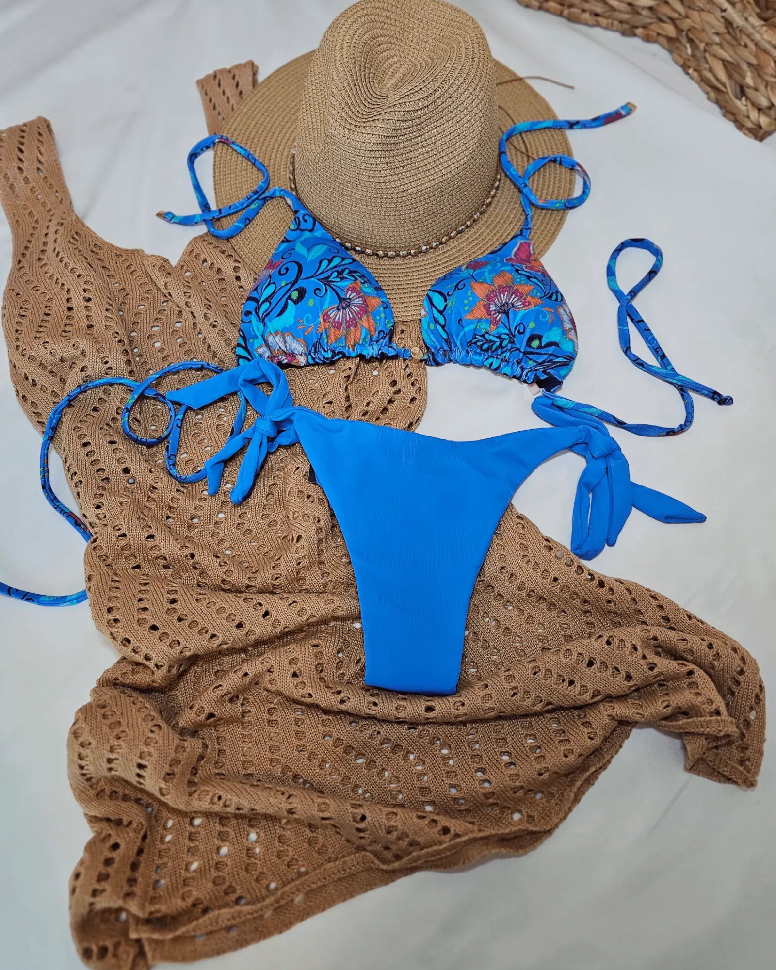 Blue Floral Adjustable Tie Bikini with UV 50+ Protection - Beeluxxe