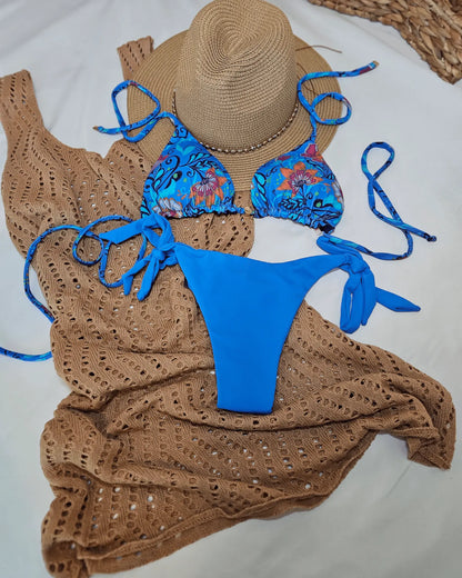 Blue Floral Adjustable Tie Bikini with UV 50+ Protection - Beeluxxe