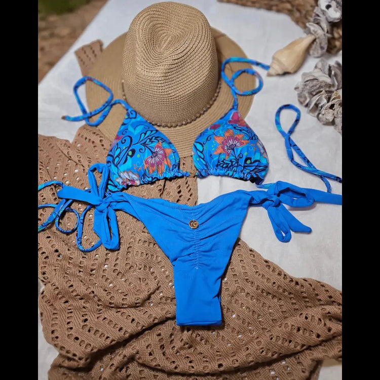 Blue Floral Adjustable Tie Bikini with UV 50+ Protection - Beeluxxe