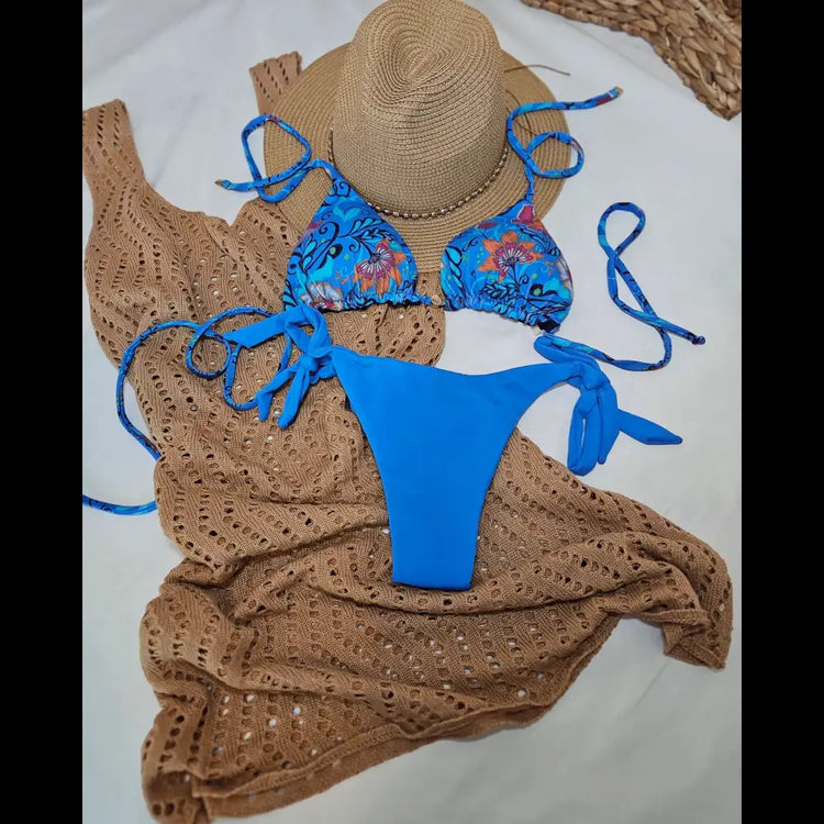 Blue Floral Adjustable Tie Bikini with UV 50+ Protection - Beeluxxe