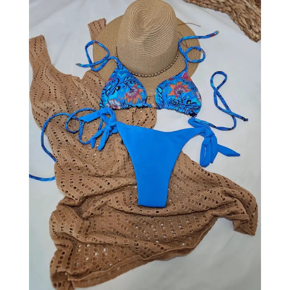 Blue Floral Adjustable Tie Bikini with UV 50+ Protection - Beeluxxe