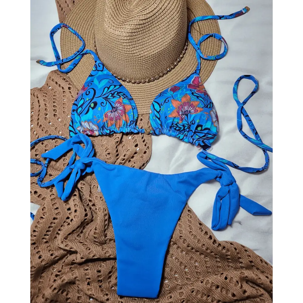 Blue Floral Adjustable Tie Bikini with UV 50+ Protection - Beeluxxe