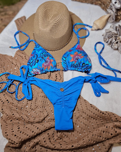 Blue Floral Adjustable Tie Bikini with UV 50+ Protection - Beeluxxe