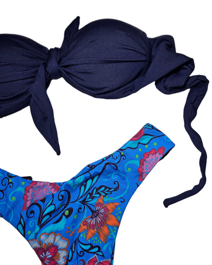 Strapless navy fun bikini set - Beeluxxe