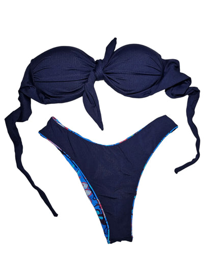 Strapless navy fun bikini set - Beeluxxe