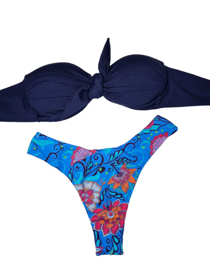 Strapless navy fun bikini set - Beeluxxe