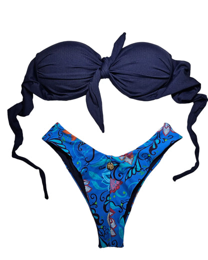 Strapless navy fun bikini set - Beeluxxe